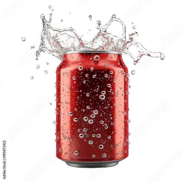 Fototapeta A can of soda, opened with fizzing bubbles, photorealistic 3D render, metallic silver and red, isolated on white background. 