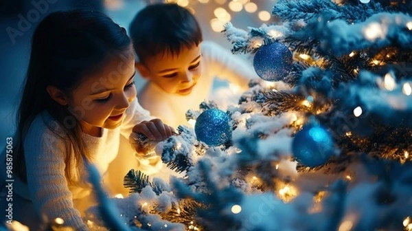 Obraz Children playing near a snowy Christmas tree with blue and silver decorations, the room glowing with festive lights.
