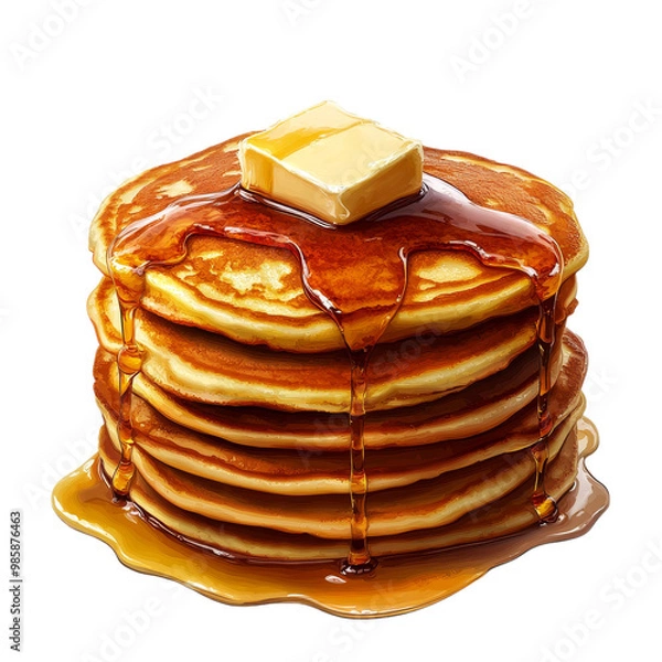 Fototapeta A stack of fluffy pancakes with syrup and butter, detailed illustration, golden brown and yellow tones, isolated on white background. 