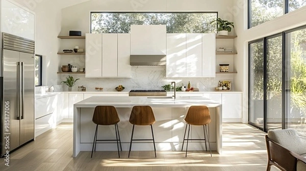 Fototapeta Sunlight streams through large windows in a modern, minimalist kitchen featuring white cabinets, a marble backsplash, and a large island with three wooden stools