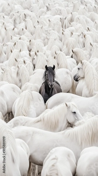 Fototapeta An eye-catching image featuring a single black horse standing out among a multitude of white horses, symbolizing individuality and uniqueness.