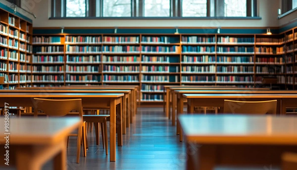 Obraz a empty library with table , chairs and books with isolated background generated by AI