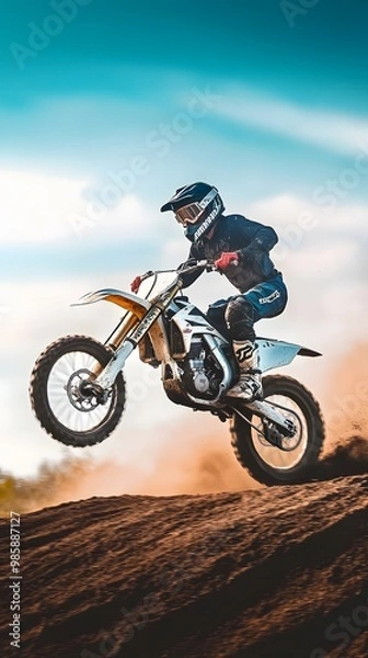 Fototapeta A motocross rider in full gear jumps over a dirt mound.