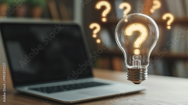Fototapeta Light bulb with floating question marks near a laptop