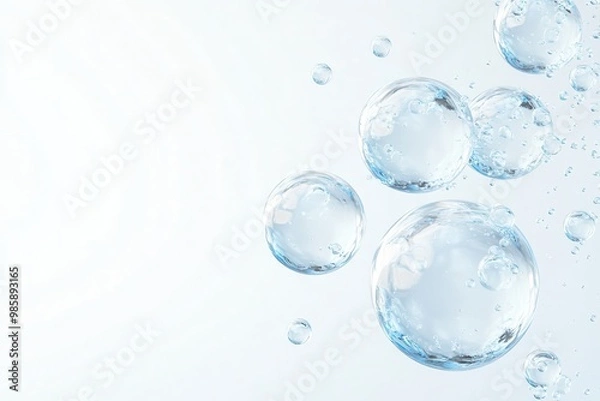 Fototapeta Close-up of three blue water molecule cells floating in the air, abstract background