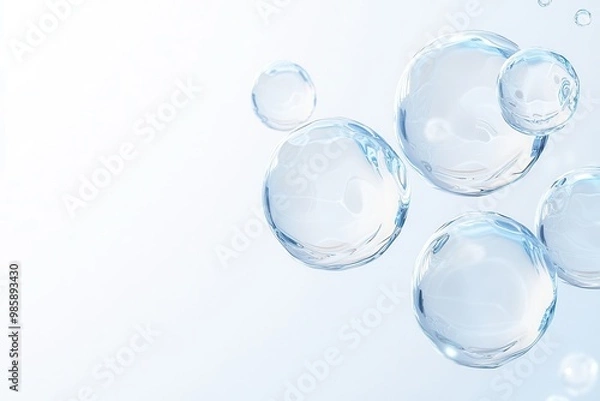 Fototapeta Close-up of three blue water molecule cells floating in the air, abstract background