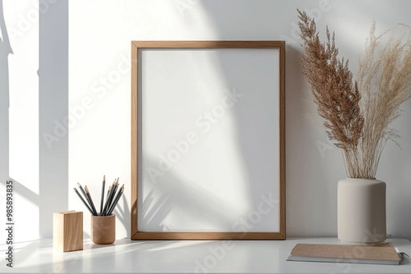 Fototapeta  Dark wooden picture frame mockup on a shelf with dried flowers and a mason jar, blank white interior for design, white wall background. Created with Ai