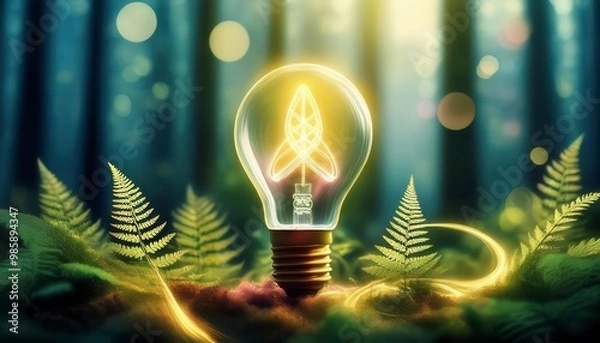 Obraz glowing bulb in the forest. Eco concept. Generative Image