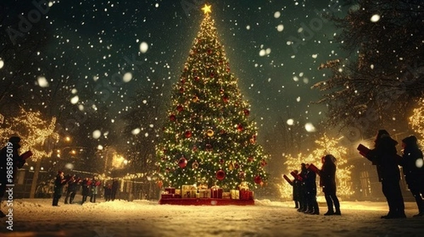 Fototapeta People singing Christmas carols near a tall green tree with sparkling red and gold decorations, snow falling gently outside.