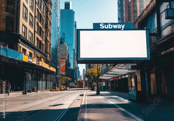 Fototapeta A photograph of a large billboard with a white blank screen and the word "Subway" written on top of it. Created with Ai
