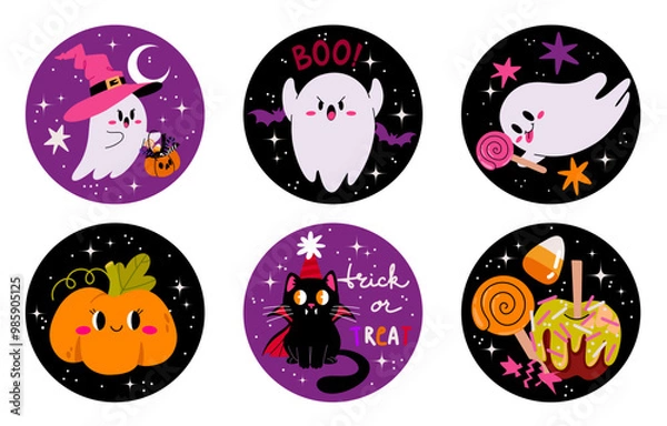 Fototapeta Happy Halloween Vector Round Shape Stickers. Cute Cake Toppers with pumpkin, ghosts candy corn and cat on a Black Background. Decoration for Halloween Party.