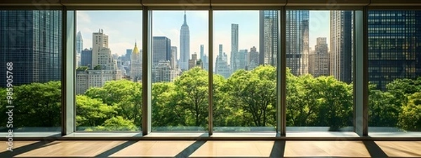 Fototapeta A view of the city from inside an office building, the New York skyline visible through glass windows. Trees can be seen outside, with towering skyscrapers in the distance. 