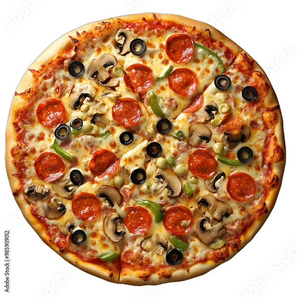 Fototapeta A realistic pizza with a golden, crispy crust, melted cheese, tomato sauce, and vibrant toppings like pepperoni, mushrooms, olives, and green peppers, set against a transparent background.