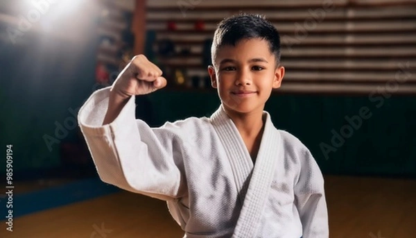Fototapeta Kids of different ages in kimono having training session Generated image