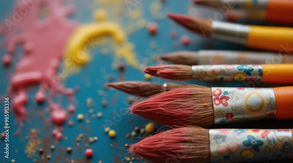 Fototapeta Colorful Artistic Paint Brushes: Close-Up Photography of Paintbrushes with Paint Strokes on Canvas