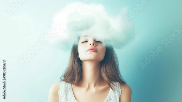 Fototapeta A young woman appears serene with her head tilted slightly back, eyes closed, and a fluffy cloud hovering above her, evoking a sense of daydreaming and peace
