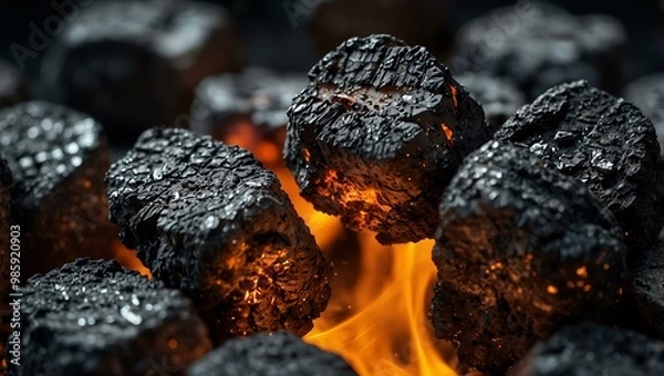 Fototapeta Close-up of glowing charcoal embers in a grill.