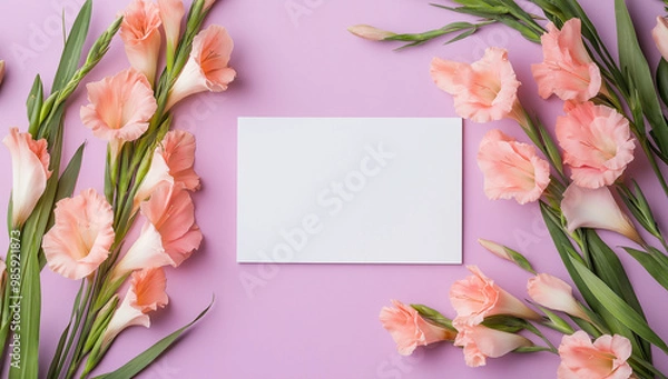 Fototapeta Gladioli and blank paper card