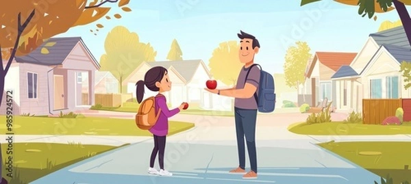 Fototapeta  A father stands in the middle of his driveway, holding out an apple to his daughter as she walks towards him . The background is a suburban neighborhood with trees and houses in a flat cartoon style.