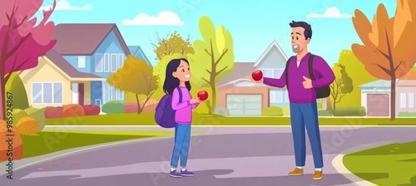 Fototapeta  A father stands in the middle of his driveway, holding out an apple to his daughter as she walks towards him . The background is a suburban neighborhood with trees and houses in a flat cartoon style.