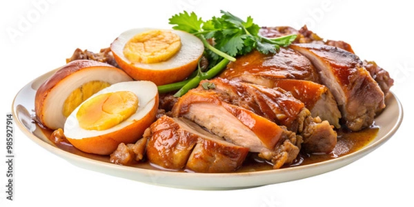 Obraz Thai Style Pork Leg Stew with Five Spices, Stewed pork leg and mix pork ,egg in street food on transparent or white background, fresh ham on rice, Rice with Pork Leg Stew, Thai street food
