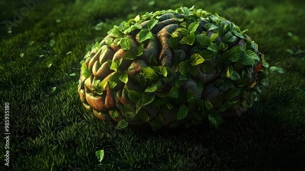 Fototapeta A 3D depicting a human brain covered in a lush vibrant foliage over a serene grassy background  The imagery symbolizes the interconnectedness of the mind with the natural world