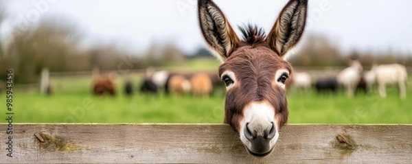 Fototapeta Cute donkey standing by a wooden fence, with its ears perked up, watching over a bustling barnyard scene filled with animals