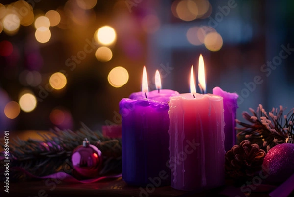 Fototapeta Four lit purple advent candles surrounded by soft, glowing bokeh lights, Christmas catholic tradition.