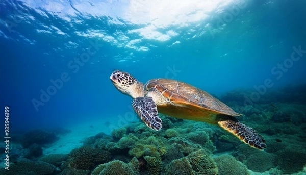 Fototapeta 바닷속 헤엄치는 거북이, 생성형AI