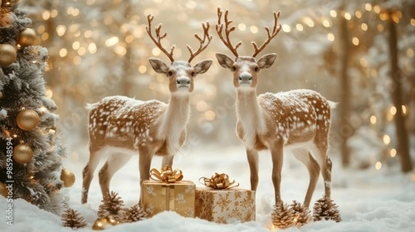 Fototapeta New year celebration holiday concept. Present gift boxes on the snow under Christmas tree. Christmas reindeer in winter forest