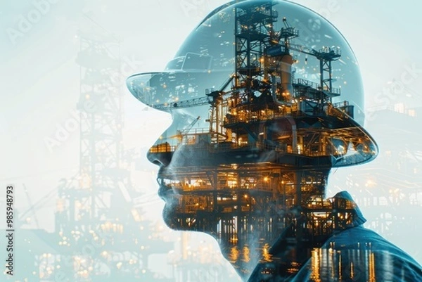 Fototapeta Engineer operates platform with tablet on offshore oil rig.