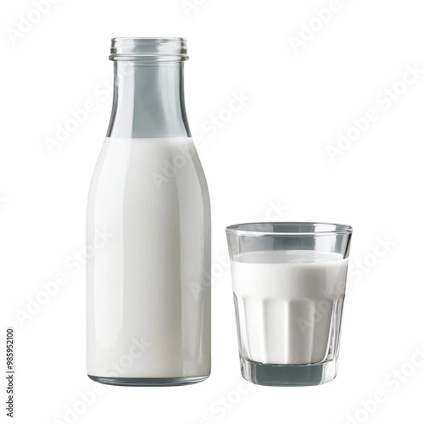 Obraz Glass and bottle with fresh milk on white background. Generative AI.