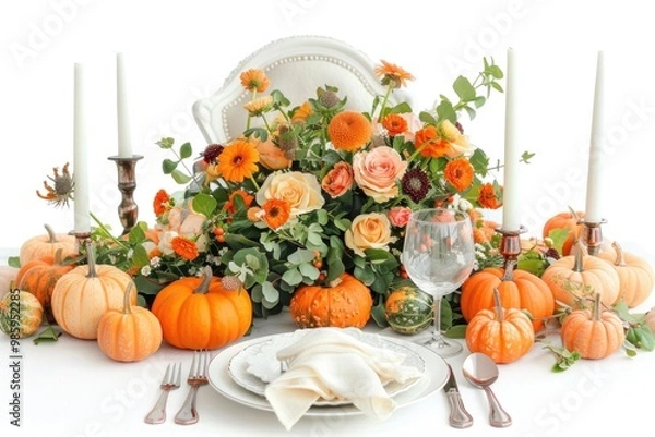 Fototapeta A table set with pumpkins, roses, and candles for a cozy dinner or celebration