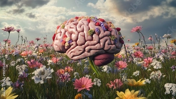 Fototapeta A vibrant 3D depicting the human brain enveloped in a lush garden of flowers set against a tranquil grassy plain  This captivating image symbolizes the connection between the mind nature