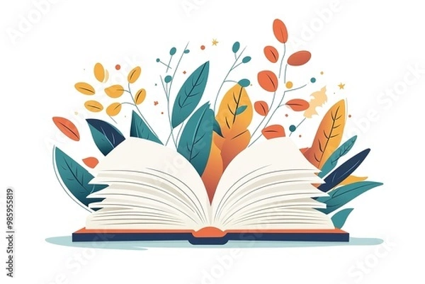 Obraz Open book in autumn leaves. Vintage style book illustration for design, print or background. Watercolor education, school design
