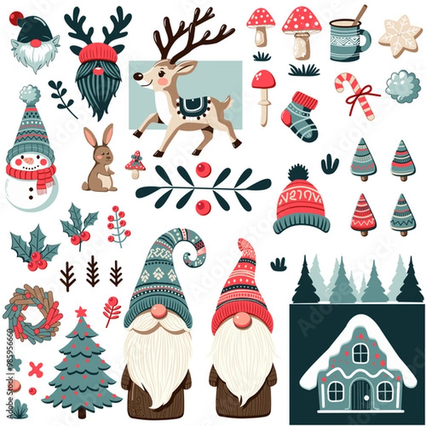 Obraz Christmas and new year vector set with gnomes mushrooms deer house tree wreath hat sock mug cookie candy and more in scandinavian and nordic style perfect for holiday decor and festive designs