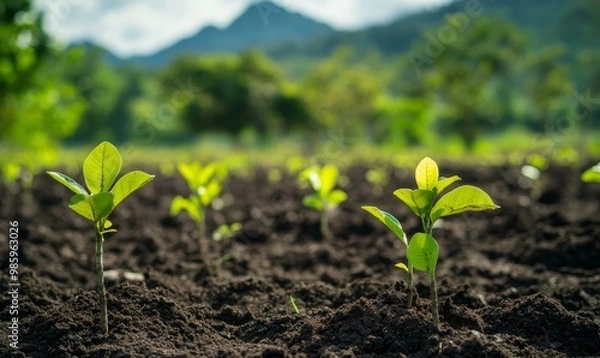 Fototapeta Green saplings growing in rich dark soil.