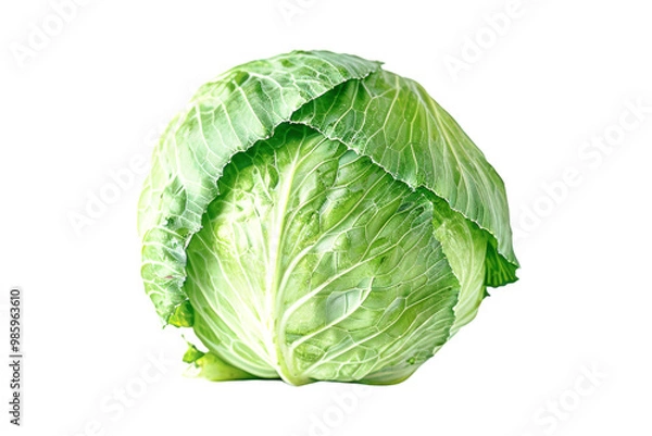 Fototapeta A round green cabbage displays its crisp leaves and solid form, illuminated by soft light, emphasizing its freshness and rich color.