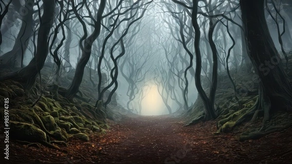 Fototapeta A foggy woodland trail with gnarled trees stretching towards a distant glow, giving the forest an eerie, mystical, and otherworldly feel