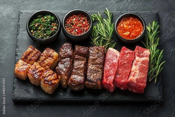 Obraz luxurious beef cuts arranged on black plate highlighting marbling and texture tbone wagyu and rib eye steaks presented with culinary flair