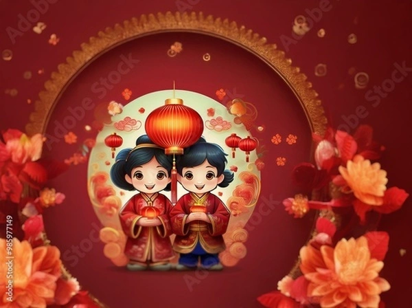 Fototapeta Two children, dressed in traditional red and gold attire, hold lanterns against a red background with blooming flowers.