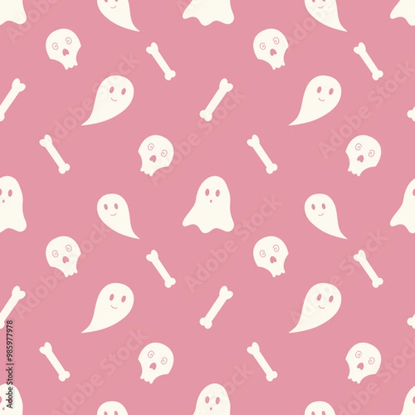 Fototapeta Ghosts and bones seamless pattern. A fun and spooky pattern with ghosts and bones. Pink background.