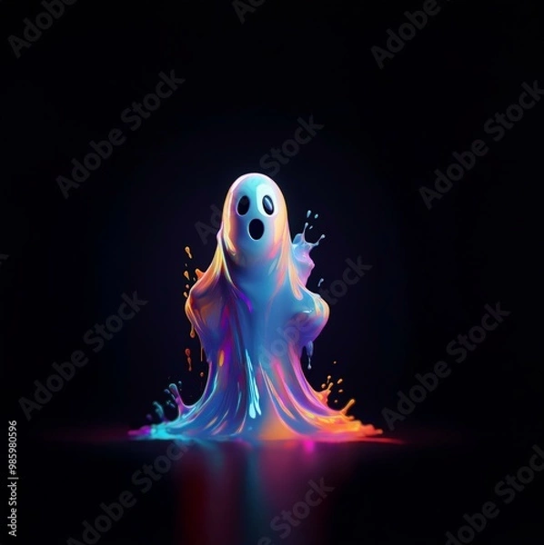 Fototapeta A ghost-like figure,  composed of iridescent, flowing liquid, stands against a dark background.