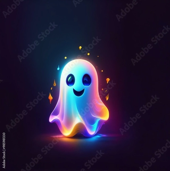 Fototapeta A smiling ghost glows brightly with a neon blue, pink, and yellow aura. It is the only element in the image against a dark blue background.