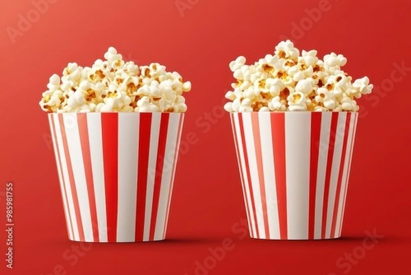 Fototapeta 3D movie theater popcorn container such as a bucket bag or cup featuring white and red stripes and popped corn