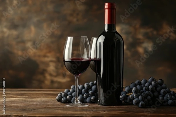 Fototapeta A bottle of red wine rests on a wooden table with grapes and two partly filled glasses creating a calm and classy atmosphere