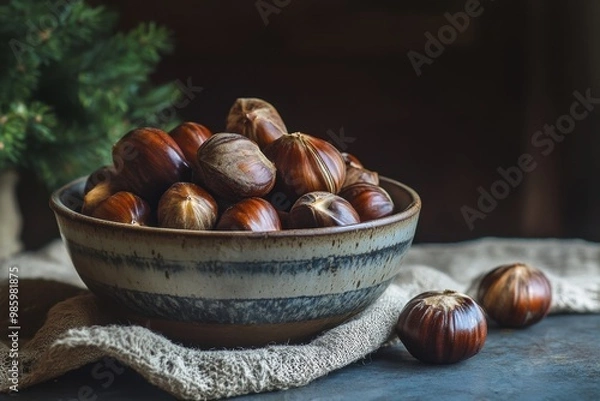 Fototapeta A bowl of shelled chestnuts sits on a table Lovely image of roasted chestnuts