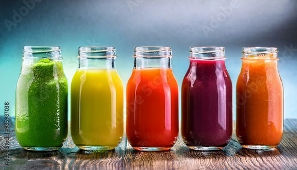 Fototapeta Assortment of fresh fruits and vegetables juices in rainbow colors