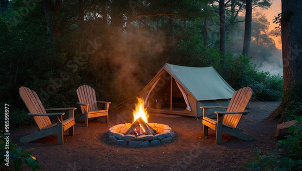 Fototapeta 숲속의 캠핑장에서 즐기는 모닥불 