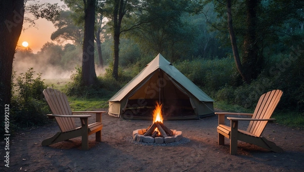 Fototapeta 숲속의 캠핑장에서 즐기는 모닥불 